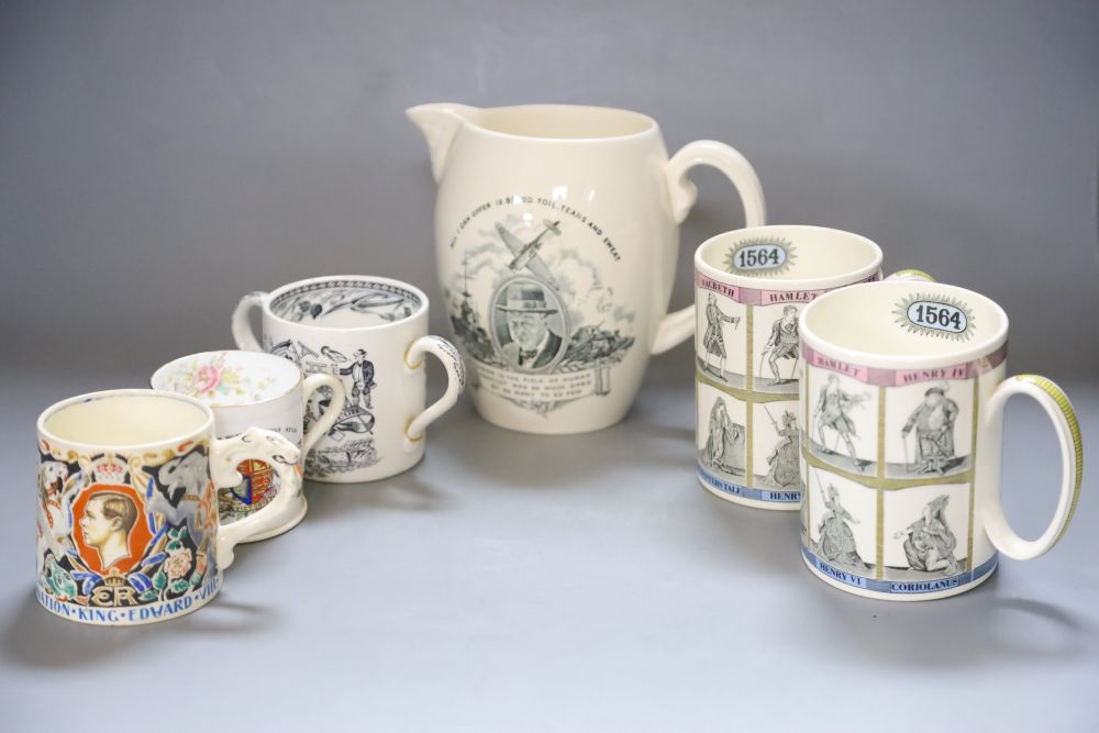 Commemorative ceramics including Coronation mug, 1937, designed by Dame Laura Knight, 8cm and a Copeland Spode Churchill jug, 16cm (6)